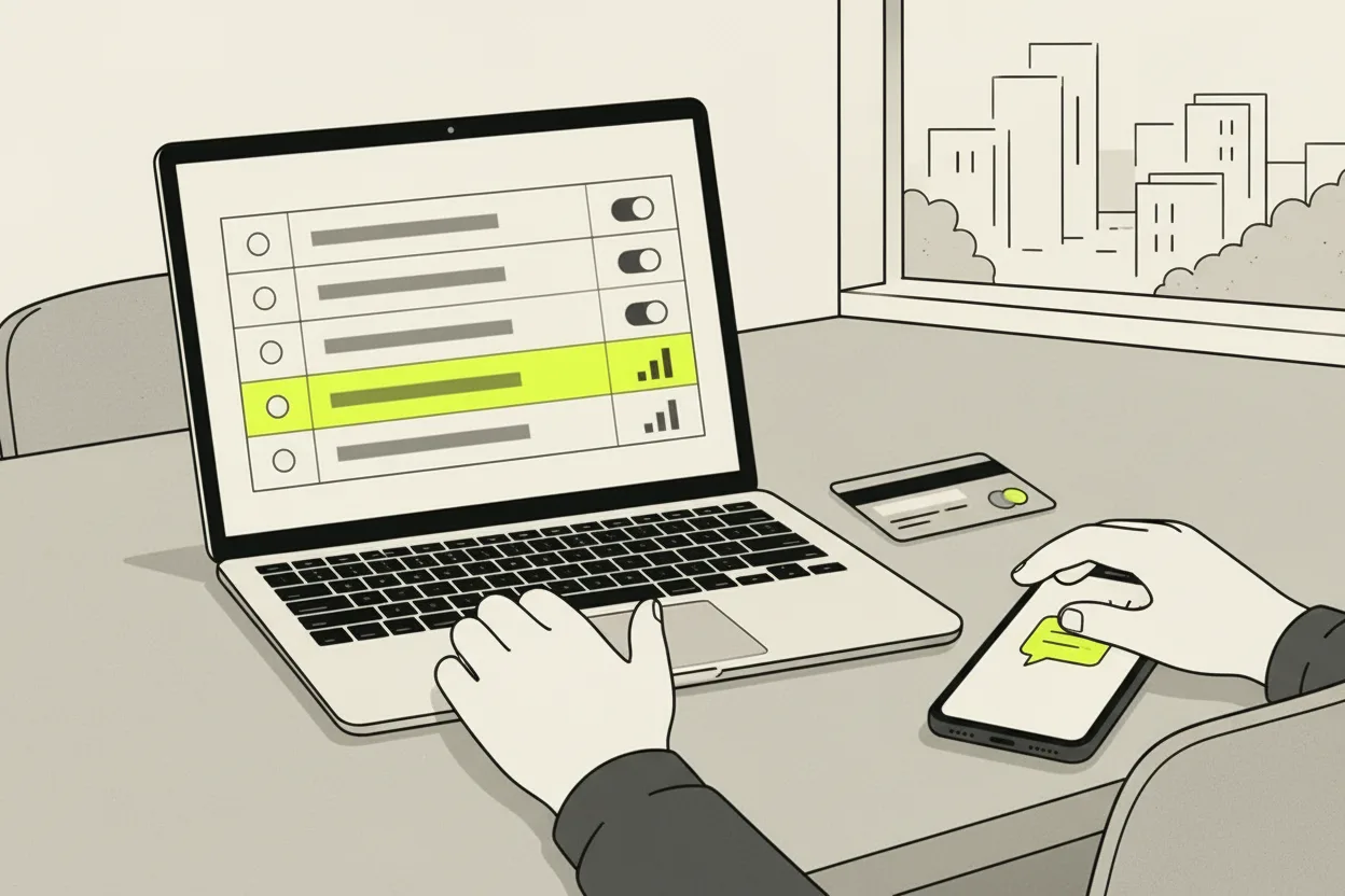 Dizüstünde reklam hesabı ayarları, yanında kart ve telefon
